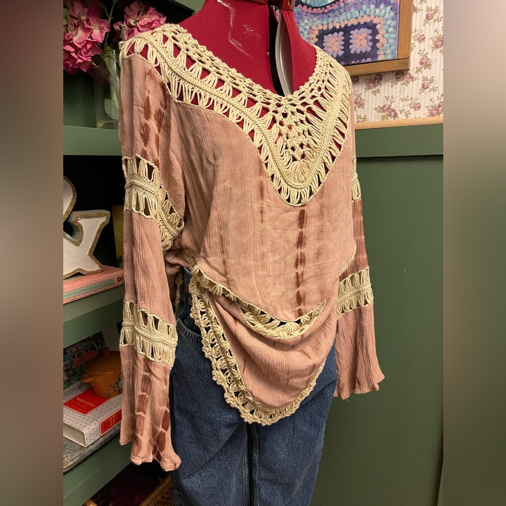 Bohemian Crochet Trim Top - Brown and Cream